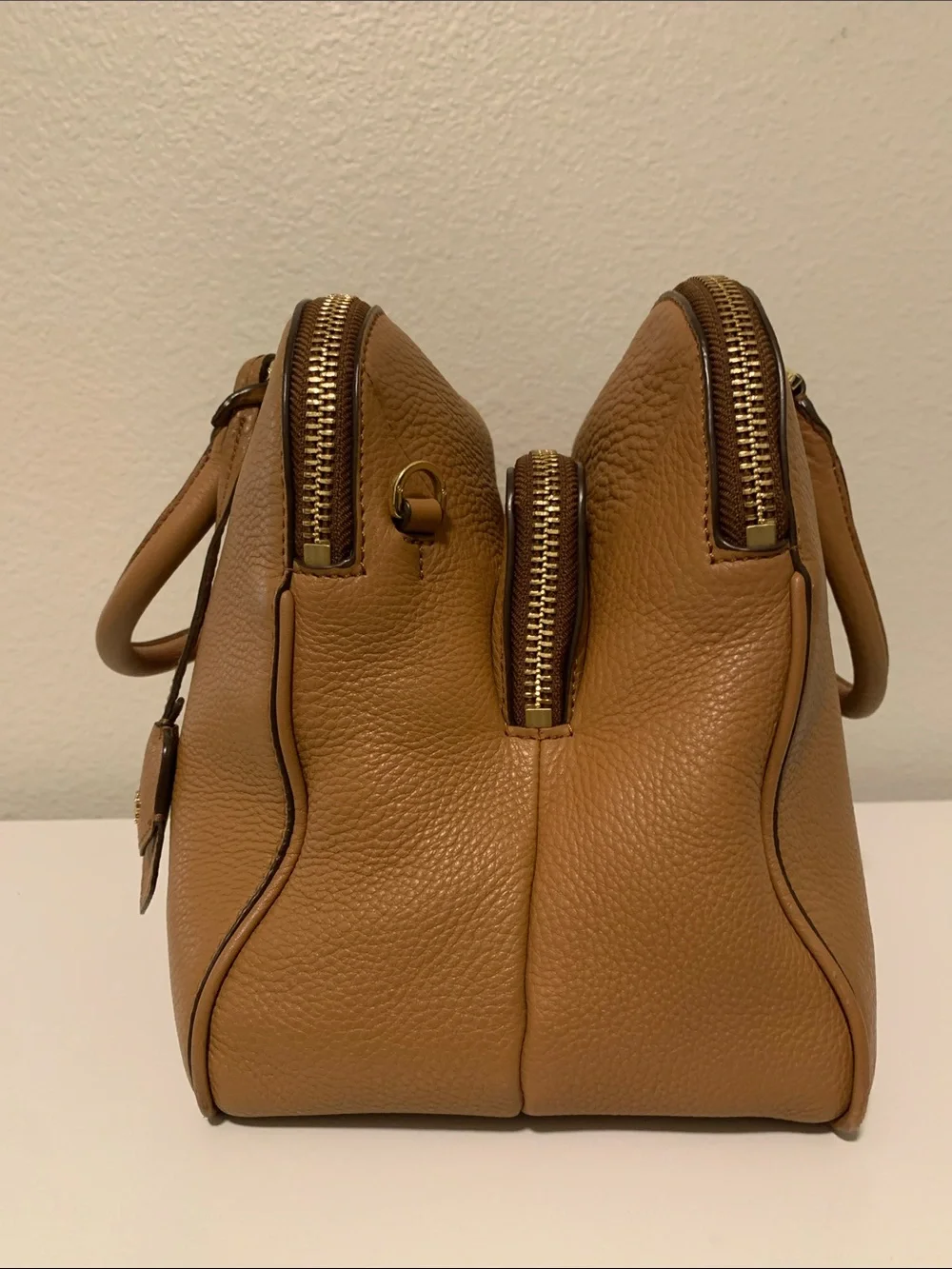 Tory Burch Robinson Camel Brown Pebbled Leather Satchel with Gold Logo